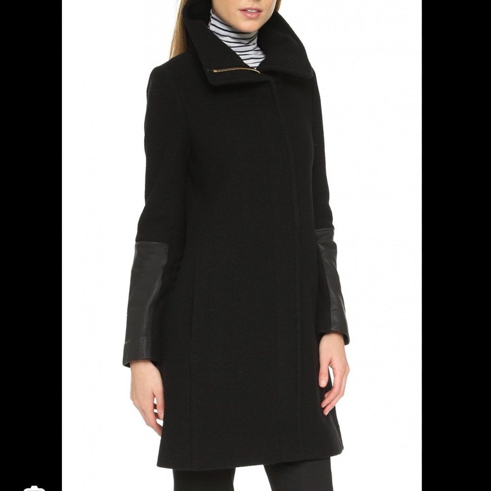 Club Monaco Wayland Wool Cocoon Pea Coat Women XS Lambs Leather Trim Mid Length